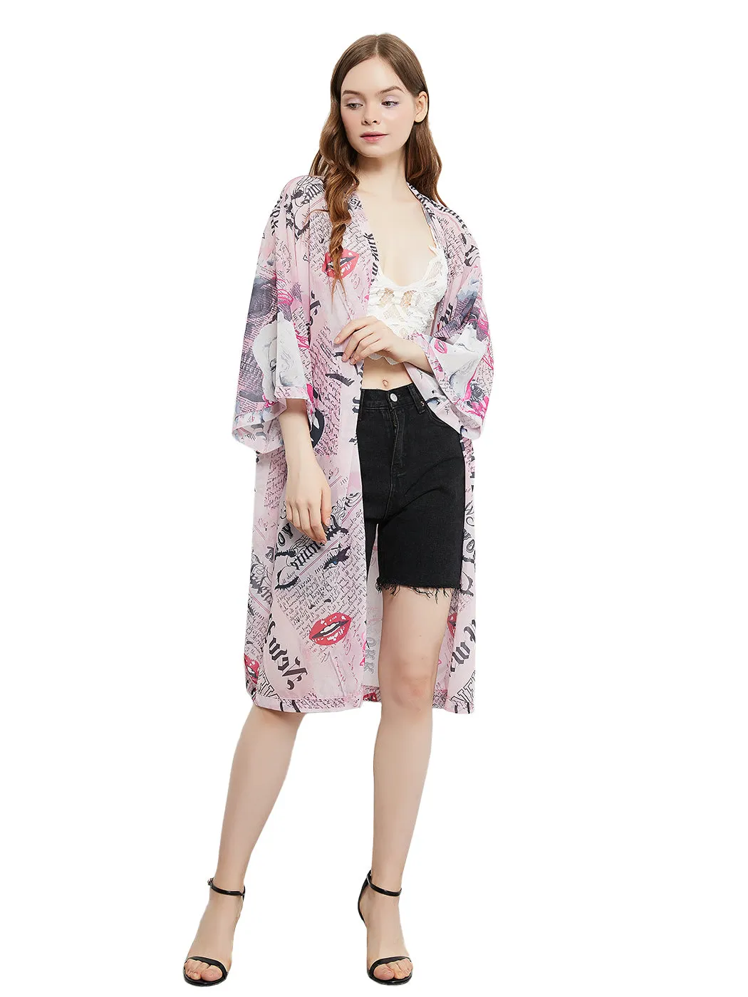 Marilyn Monroe Cardigan Beach Cover Ups Long Open Kimono with 3/4 Sleeve