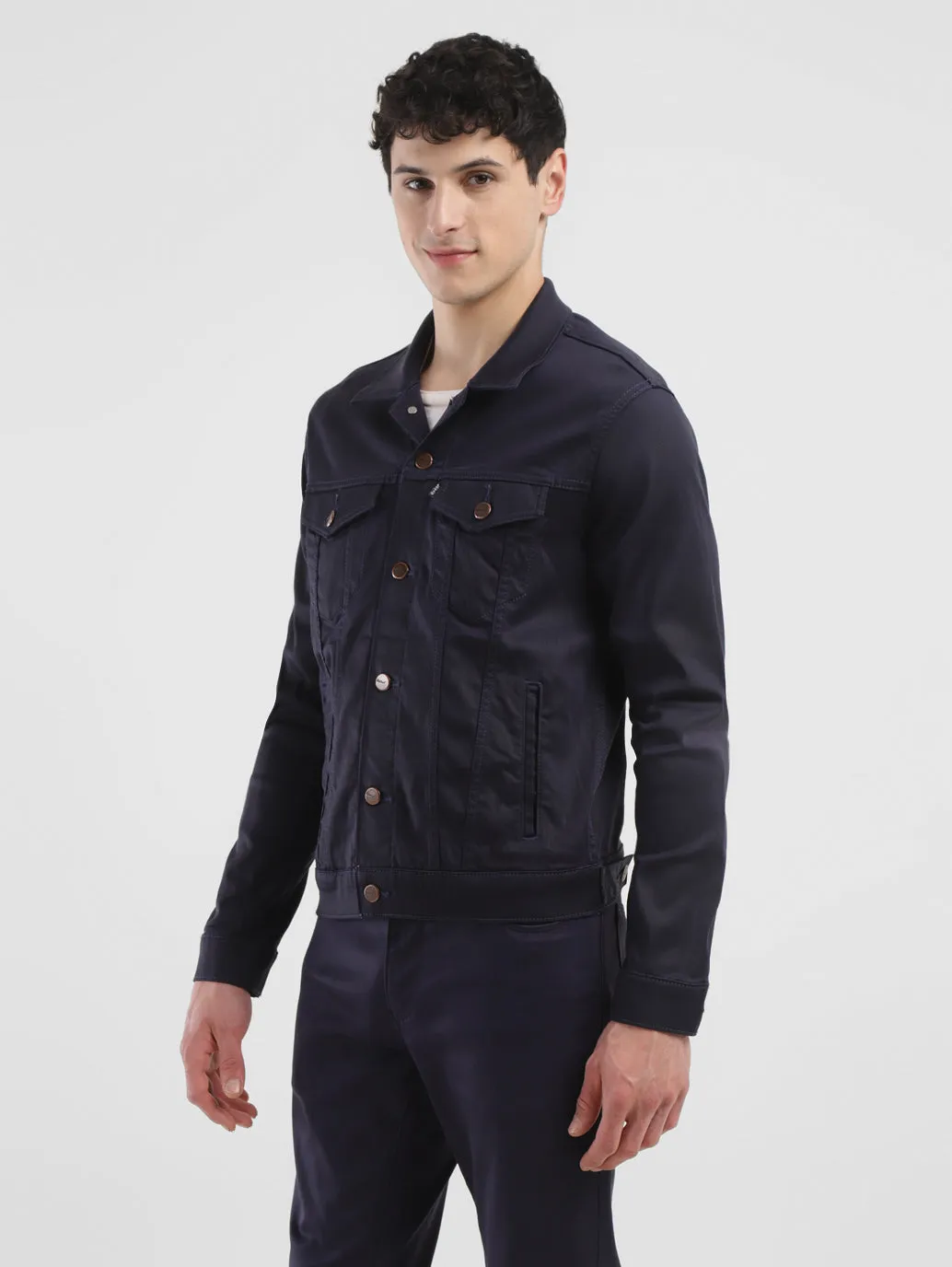 Men's Solid Navy Spread Collar Jackets