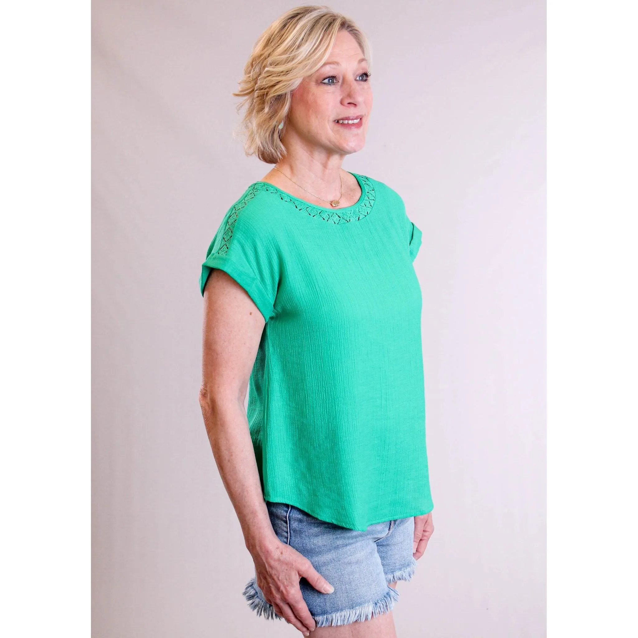 MINE Eyelet Trim Top with Cuffed Short Sleeves