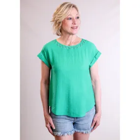 MINE Eyelet Trim Top with Cuffed Short Sleeves