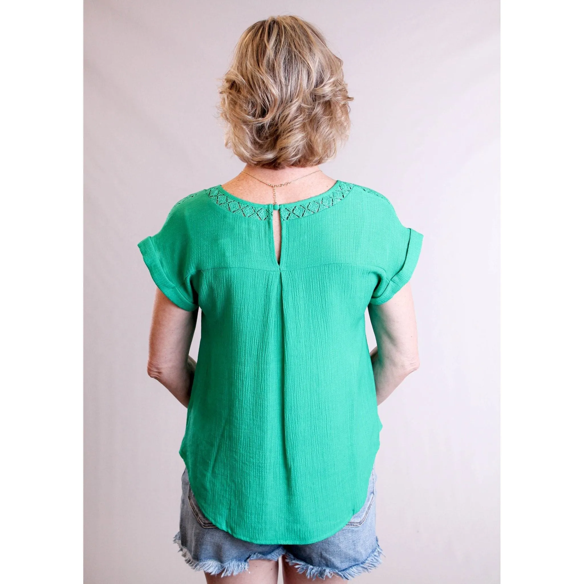 MINE Eyelet Trim Top with Cuffed Short Sleeves