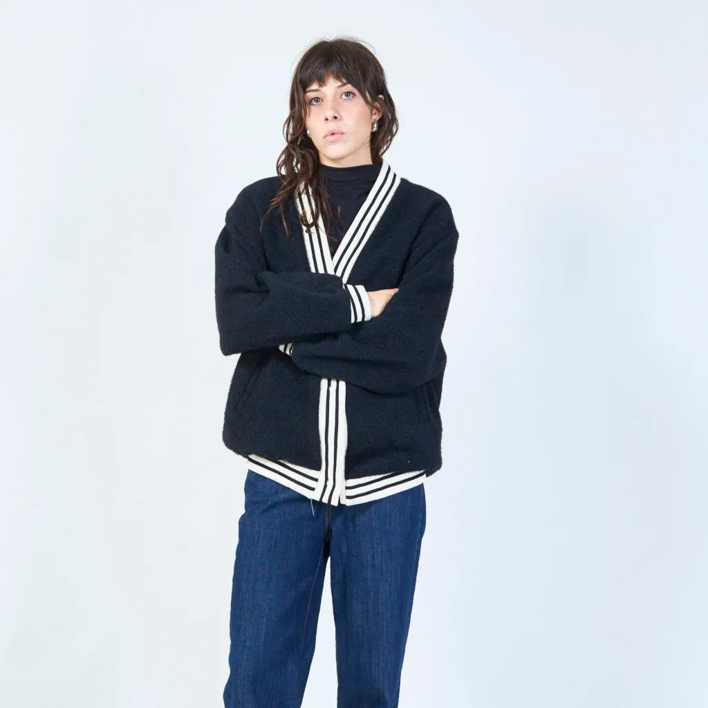 Sporty knit cardigan with striped trim wholesale