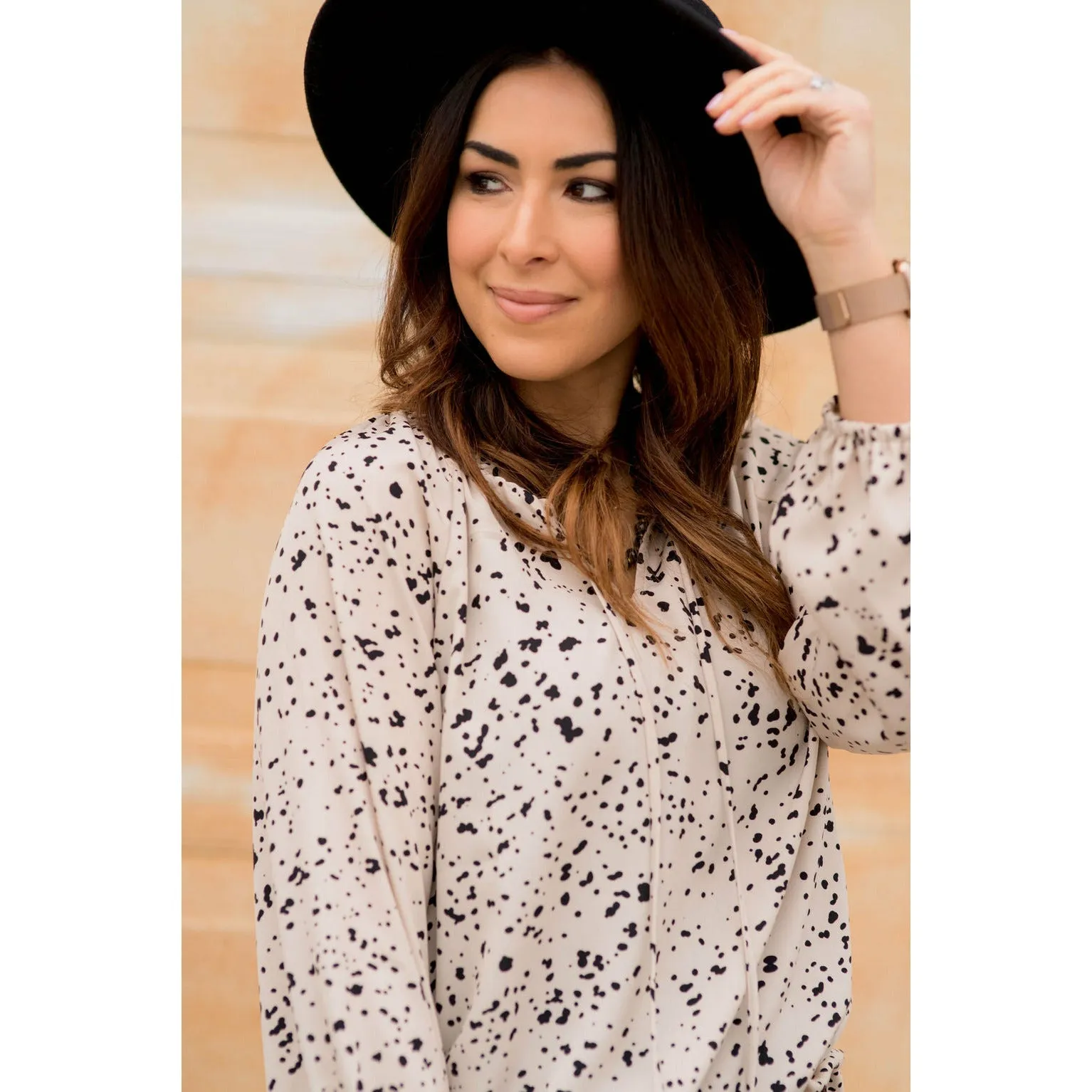 Spotted Tie V-Neck Blouse