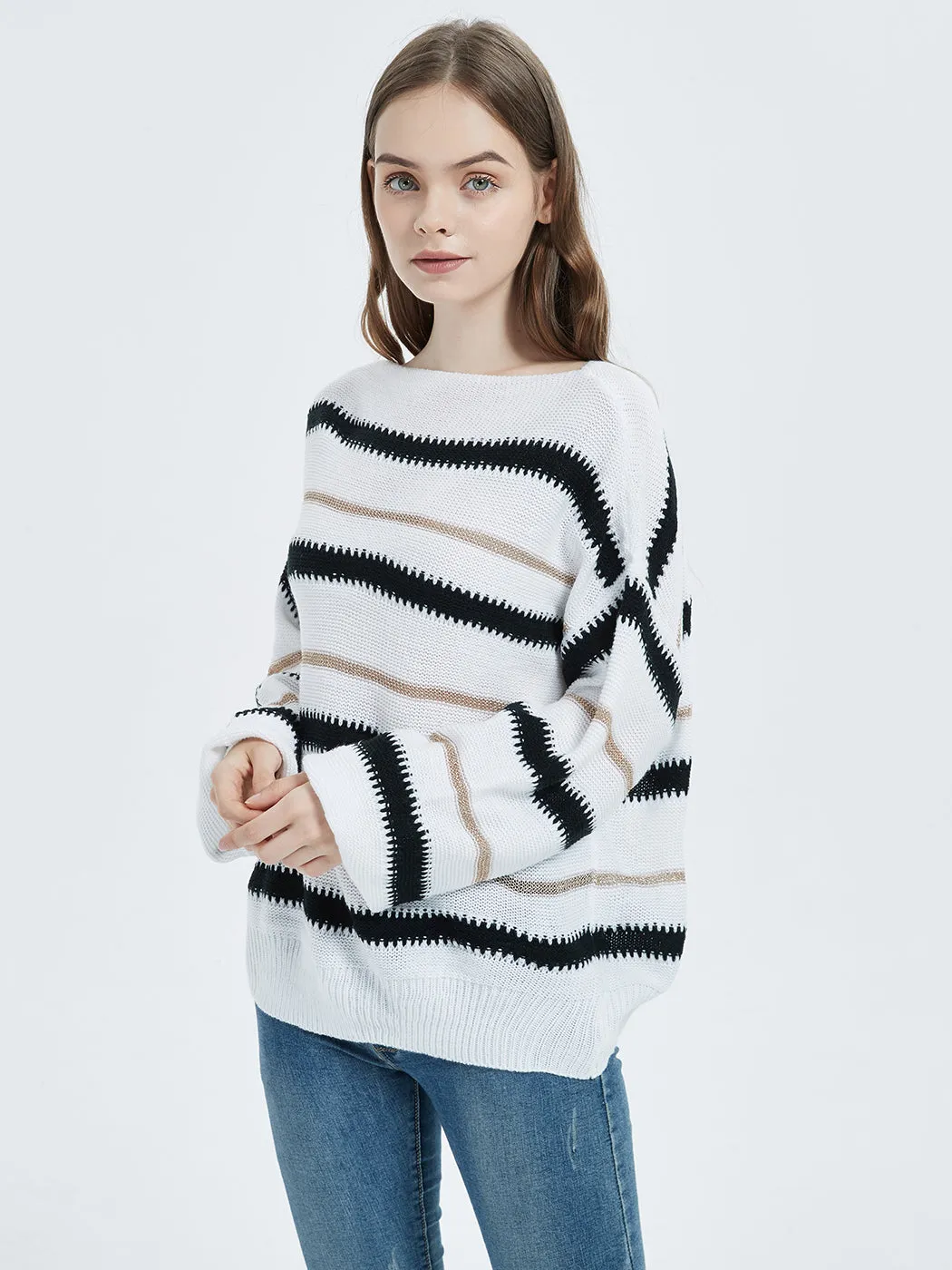 Sweaters Long Sleeve Crew Striped Oversized Knitted Pullover Tops