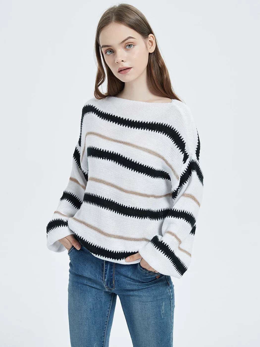 Sweaters Long Sleeve Crew Striped Oversized Knitted Pullover Tops