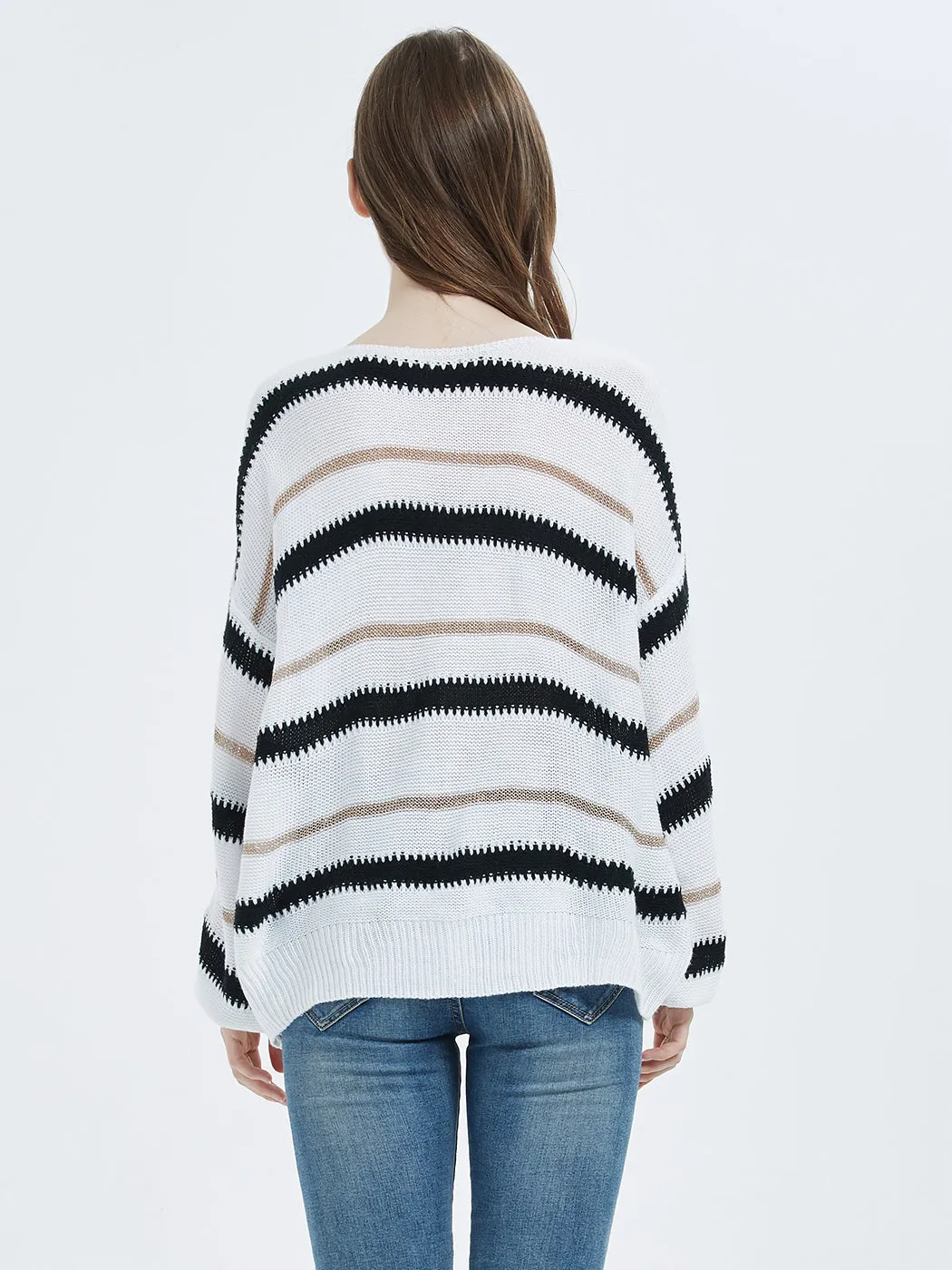 Sweaters Long Sleeve Crew Striped Oversized Knitted Pullover Tops