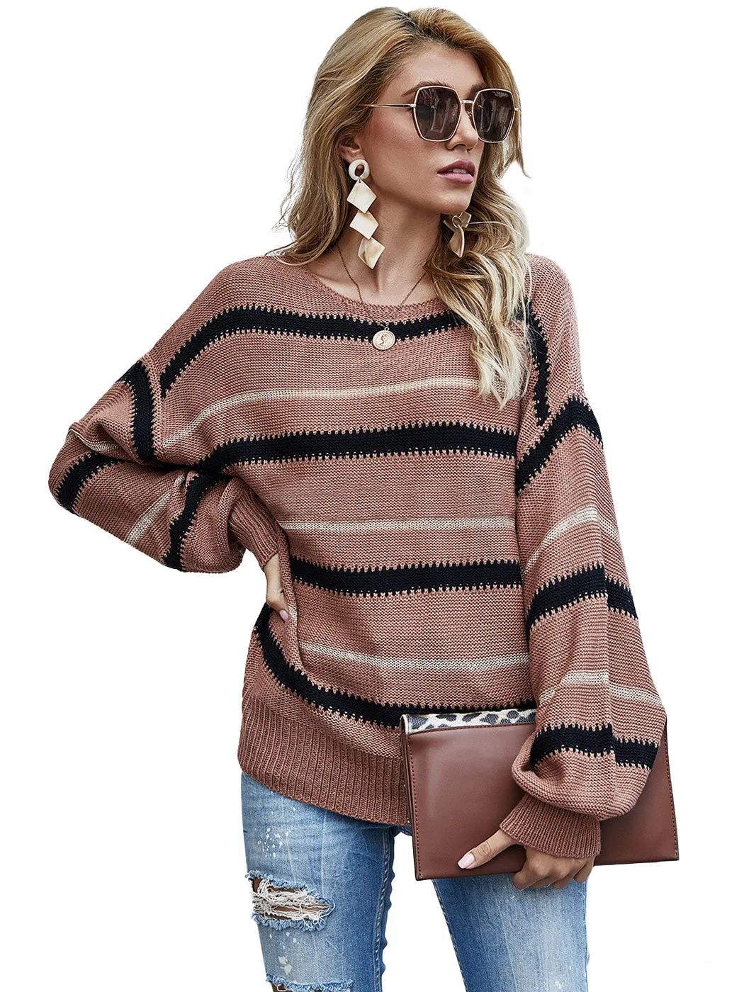 Sweaters Long Sleeve Crew Striped Oversized Knitted Pullover Tops