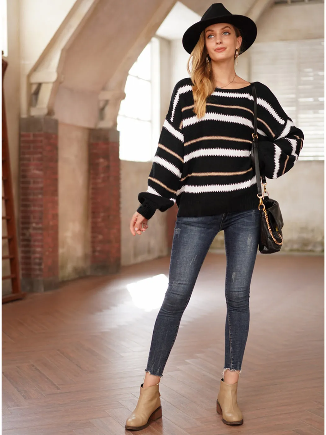 Sweaters Long Sleeve Crew Striped Oversized Knitted Pullover Tops