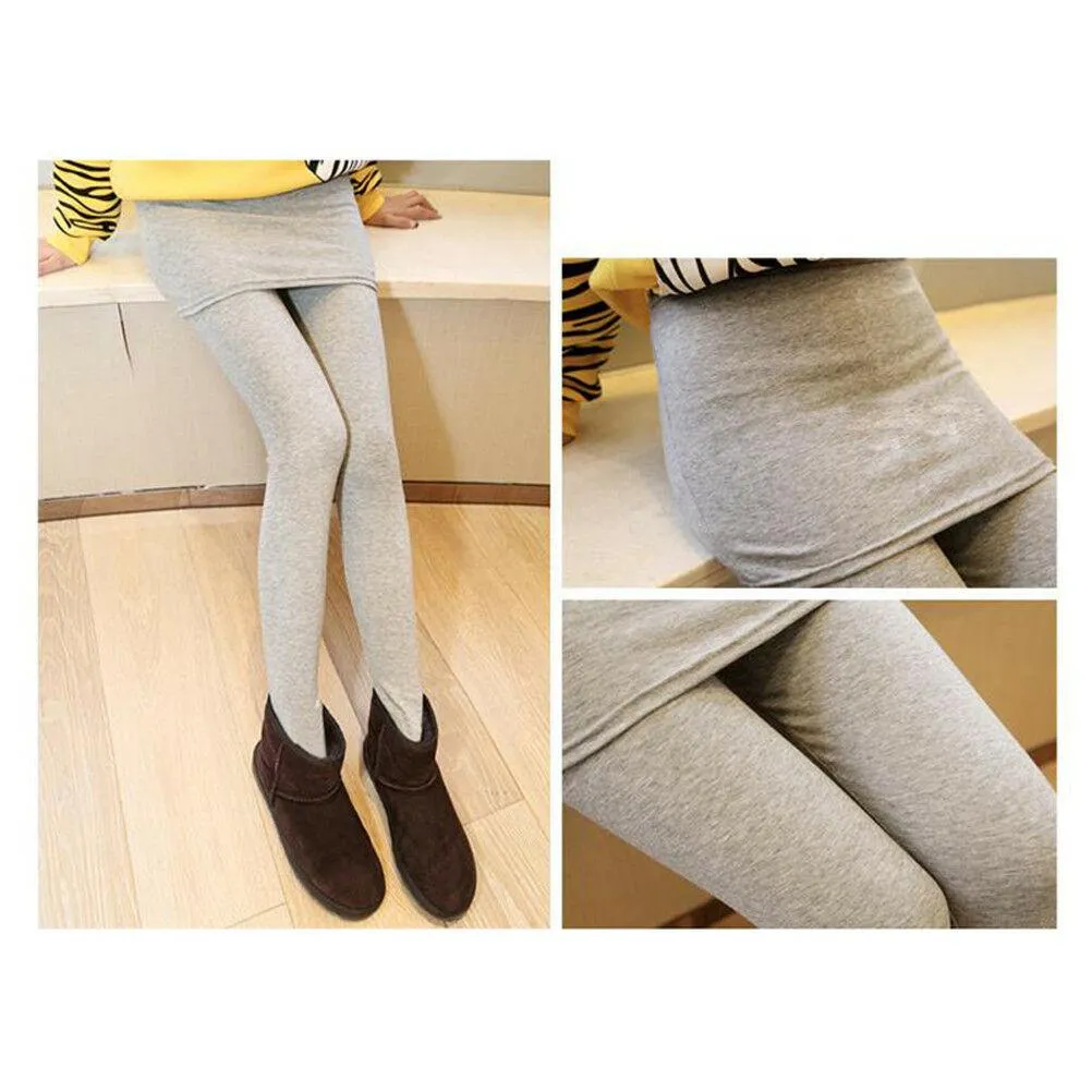 Thick Lined Leggings with Attached Skirt - Light Gray