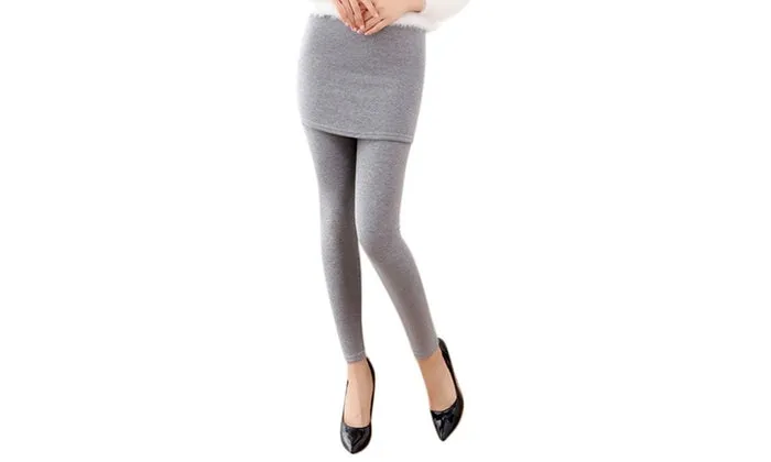 Thick Lined Leggings with Attached Skirt - Light Gray