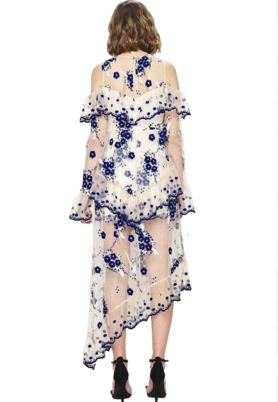 White & Blue Floral Embroidered Mirage Gown