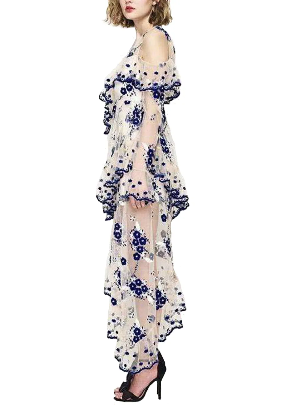 White & Blue Floral Embroidered Mirage Gown