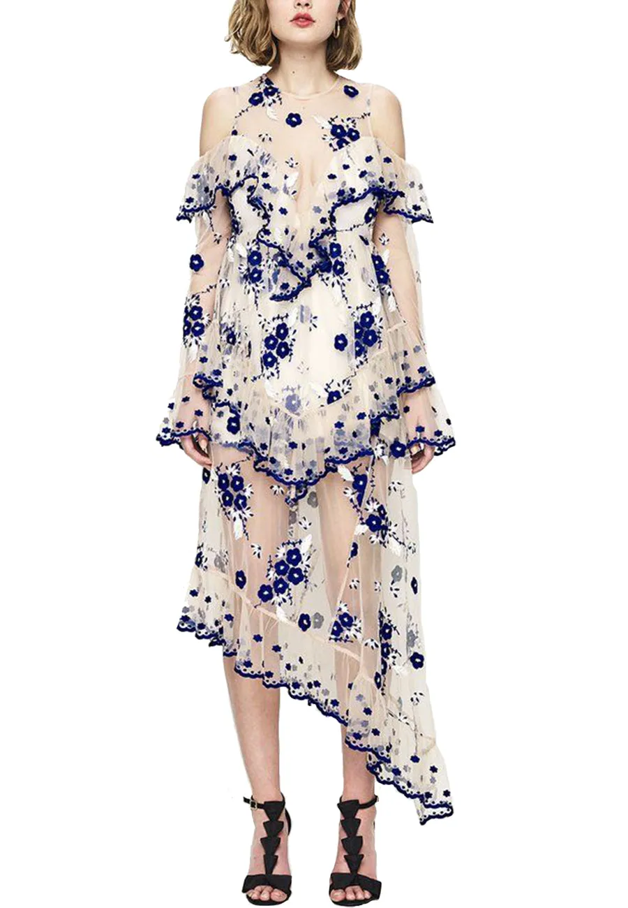 White & Blue Floral Embroidered Mirage Gown